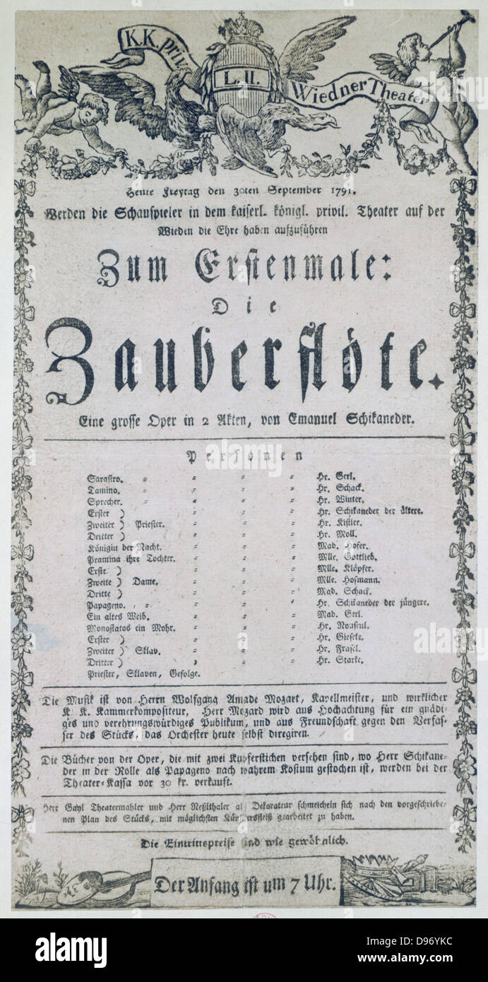 Affiche pour l'opéra 'La Flûte enchantée' ('Die Zauberflote'), 1791. Wolfgang Amadeus Mozart (1756-1791) dernier opéra, livret de Emanuel Schikaneder (1751-1812), c'était la première fois à Vienne le 30 septembre 1791. Banque D'Images