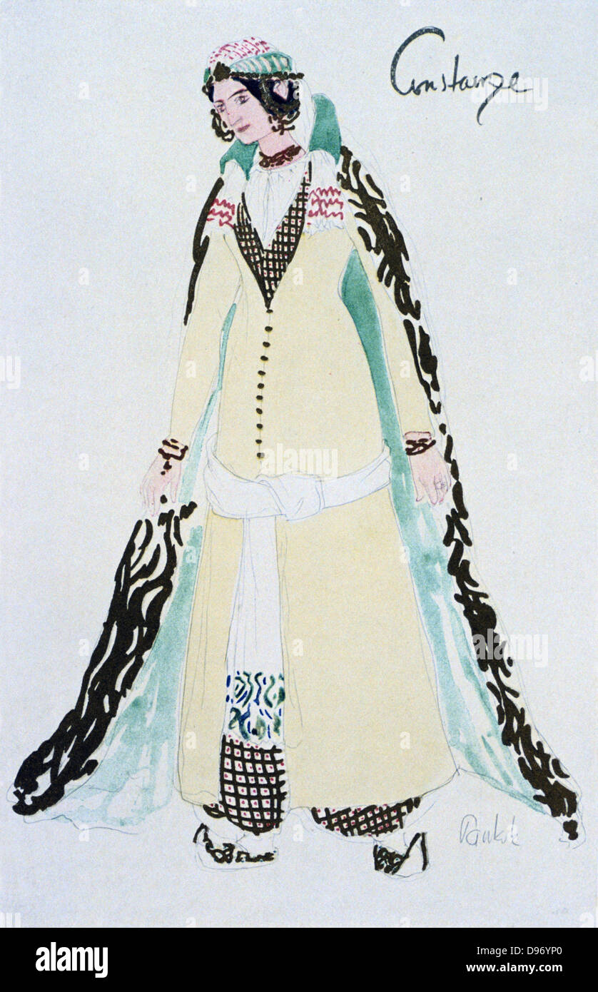 Costume pour Constanze c1913. Constanze, une dame espagnole la fiancée de Belmonte, un noble espagnol, est retenu en captivité par Pacha Selim. Die Entfuhrung aus dem Serail' ('l'Enlèvement au sérail'), opéra-comique en trois actes de Wolfgang Amadeus Mozart (1756-1791), pour la première fois à l'Burghtheater, Vienne, 16 juillet 1782. Livret de Gottlieb Stephanie le jeune (1741-1800) après le jeu par Bretzner. Conception pour un c1913 la production à l'Opéra de Paris. Banque D'Images