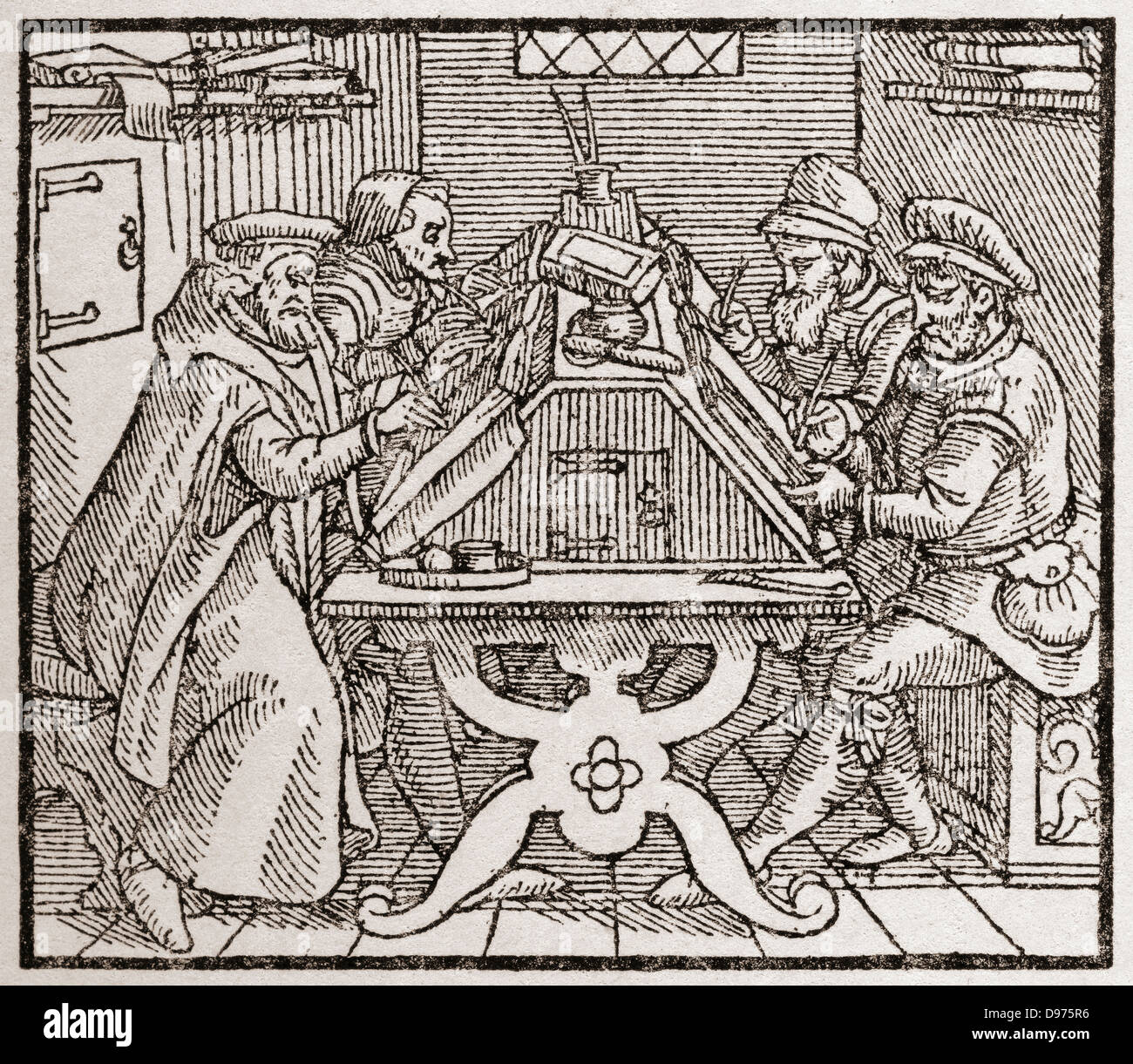 Les scribes au travail pendant la période Tudor en Angleterre. À partir d'une impression contemporaine. Banque D'Images