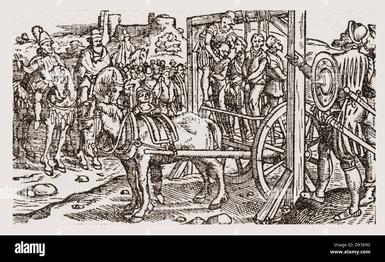 Une pendaison publique au cours de la période Tudor en Angleterre. À partir d'une impression contemporaine. Banque D'Images