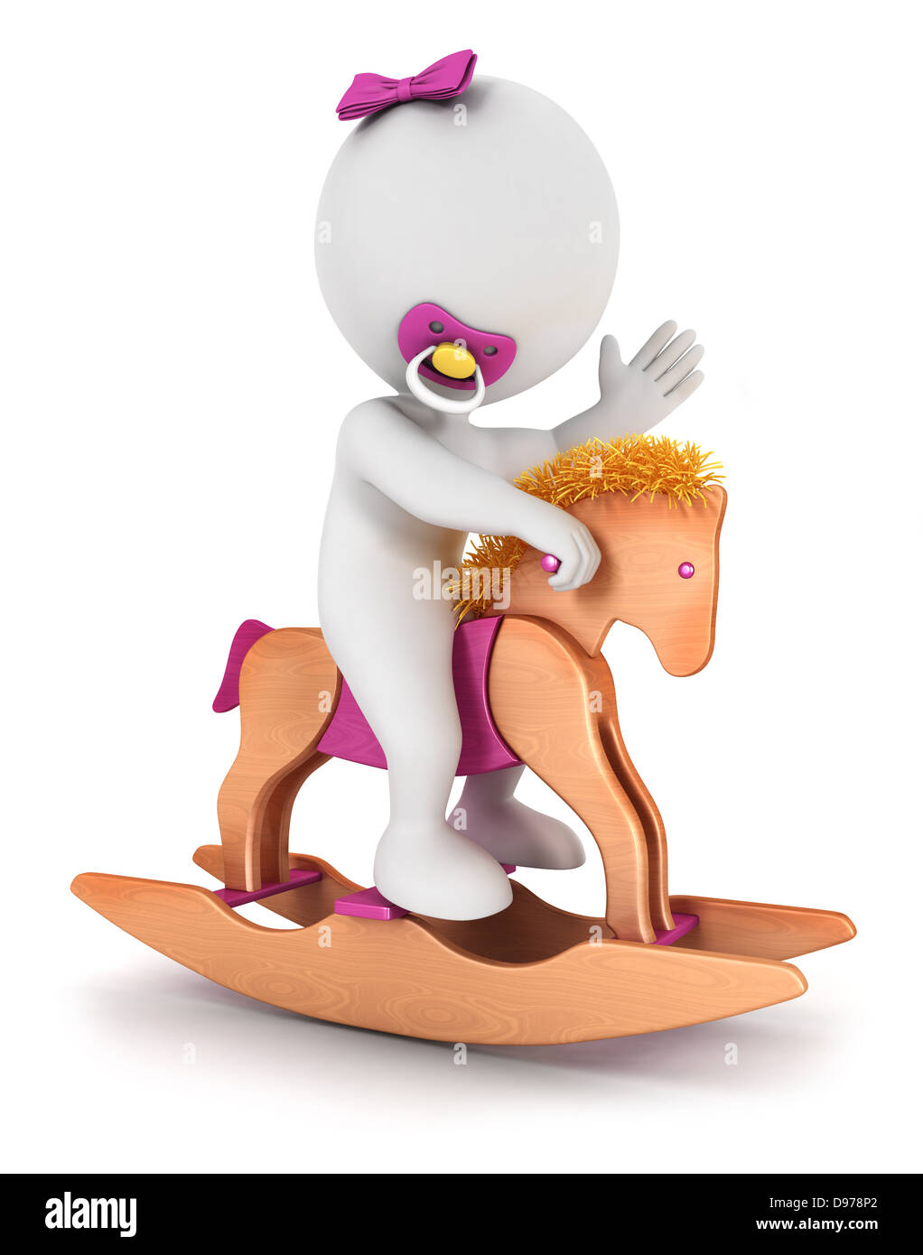 3d white people baby girl rides a horse toy, isolé sur fond blanc, image 3D Banque D'Images