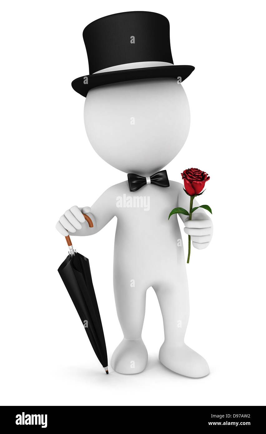 3d white people monsieur avec un parapluie, noeud papillon, un chapeau et une rose, isolé sur fond blanc, image 3D Banque D'Images
