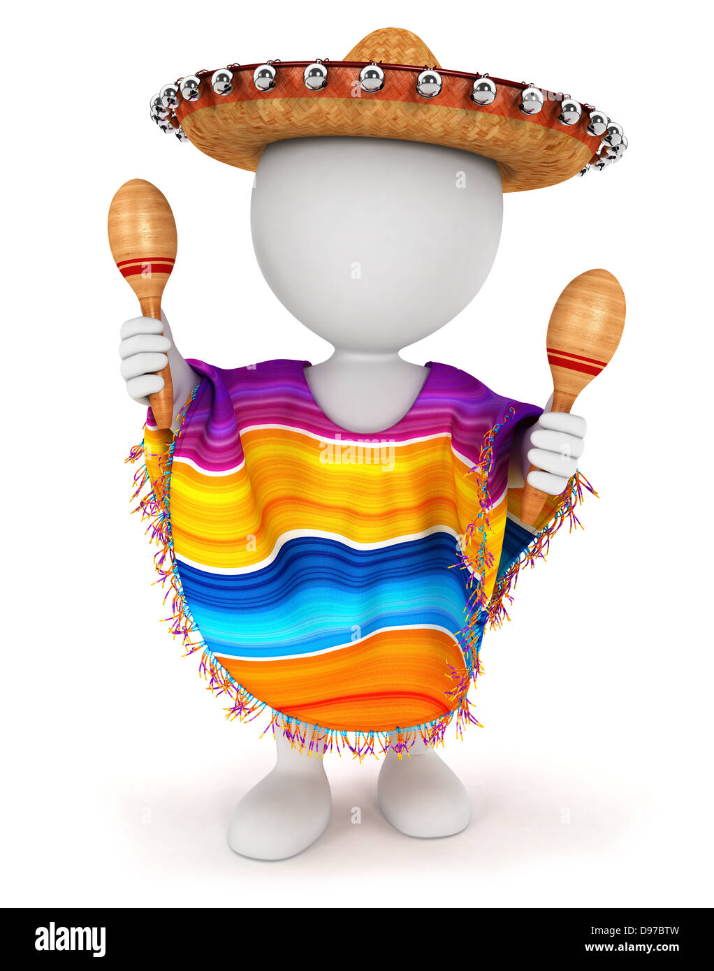 Les blancs 3d avec un sombrero mexicain, un poncho et jouant des maracas, isolé sur fond blanc, image 3D Banque D'Images