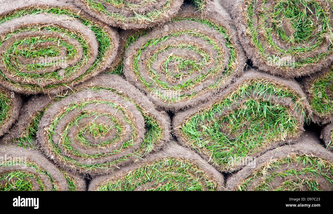 Rouleaux de gazon de graminées dans une pile de près, UK Banque D'Images