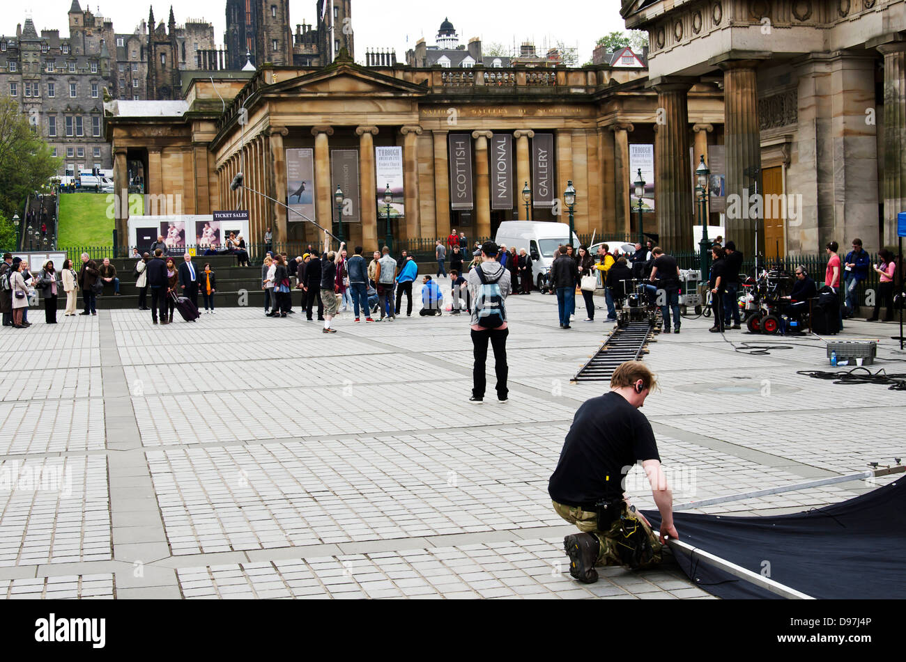 Le tournage du prochain film 'Sunshine sur Leith" au centre d'Édimbourg, en Écosse. Banque D'Images