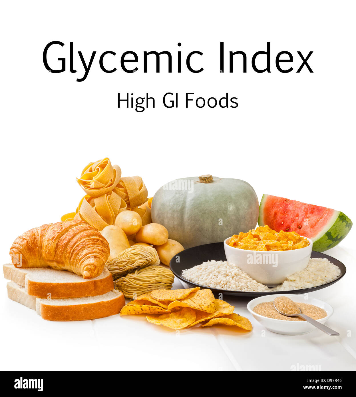 De hautes nourritures glycémiques d'index - Les glucides qui ont un index glycémique élevé note, sur un fond blanc. L'avant à l'arrière. Banque D'Images