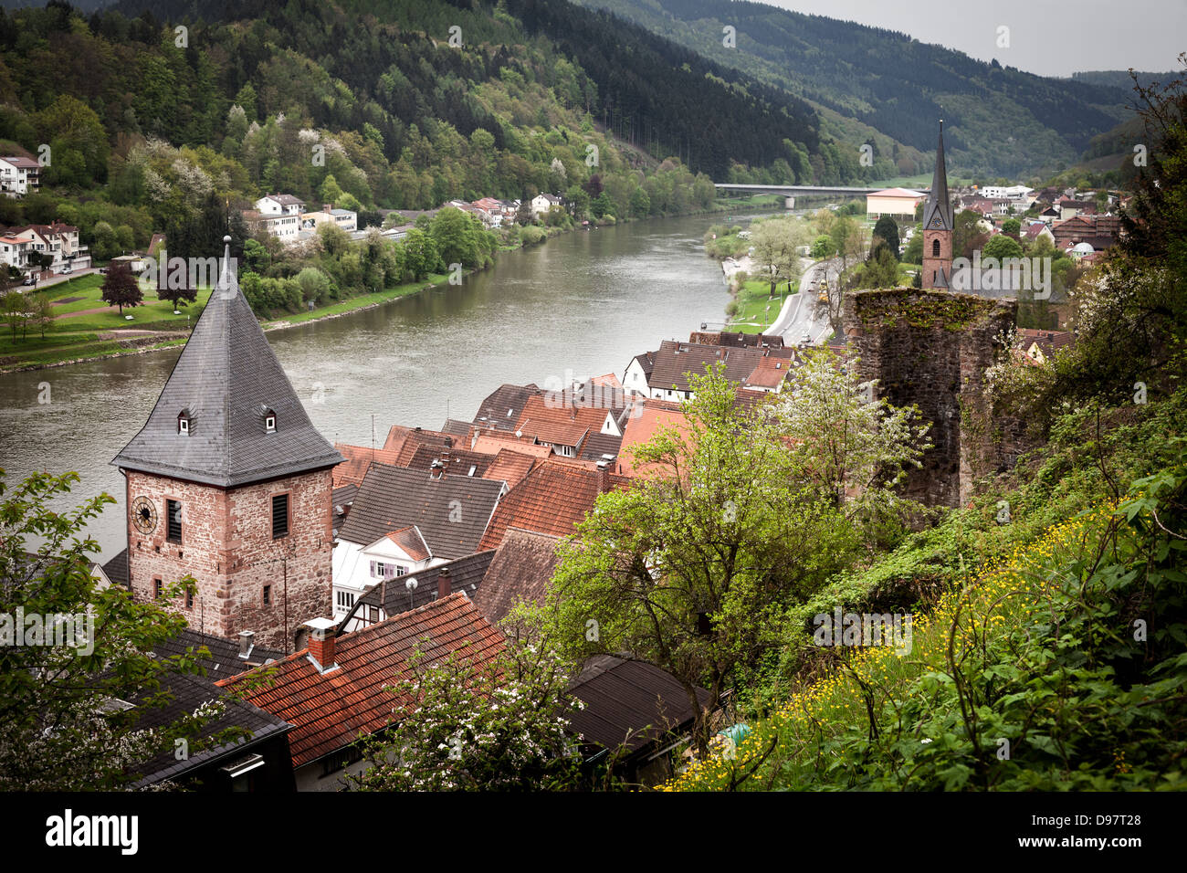 Hirschhorn, Allemagne, Europe. Toits du vieux village et de la rivière Neckar. Banque D'Images