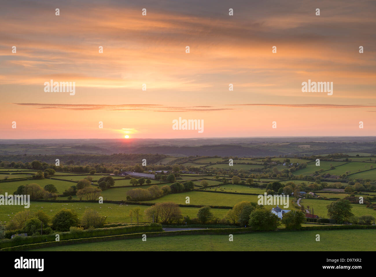 Coucher de soleil sur un paysage vallonné campagne du Devon, Devon, Angleterre. En été (juin) 2013 Banque D'Images
