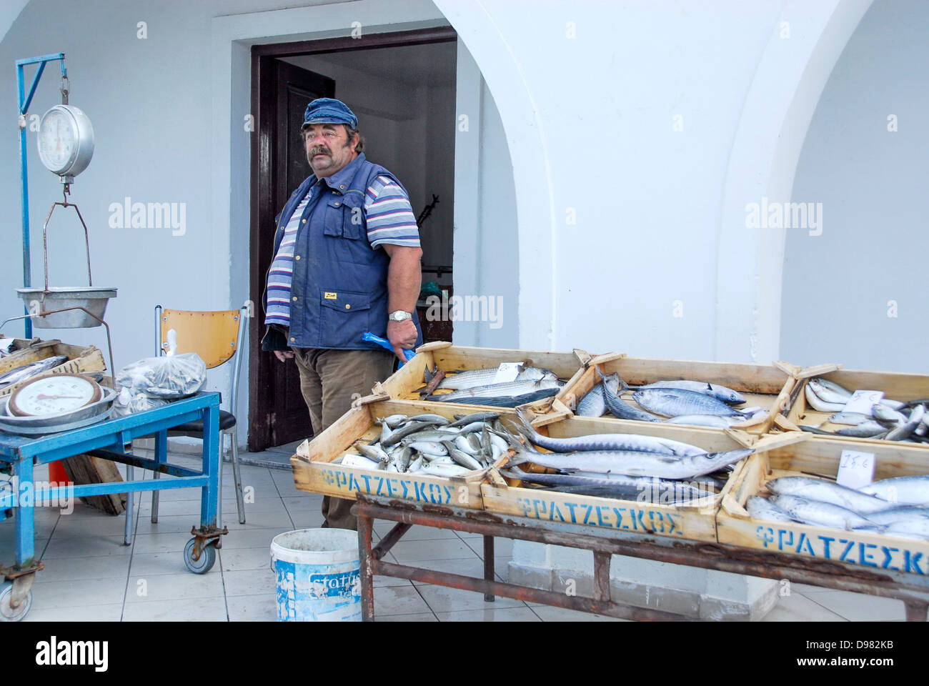 Vendeur de poisson sur la falaise ville de Fira sur l'île de Santorin dans la mer Égée, Grèce Banque D'Images