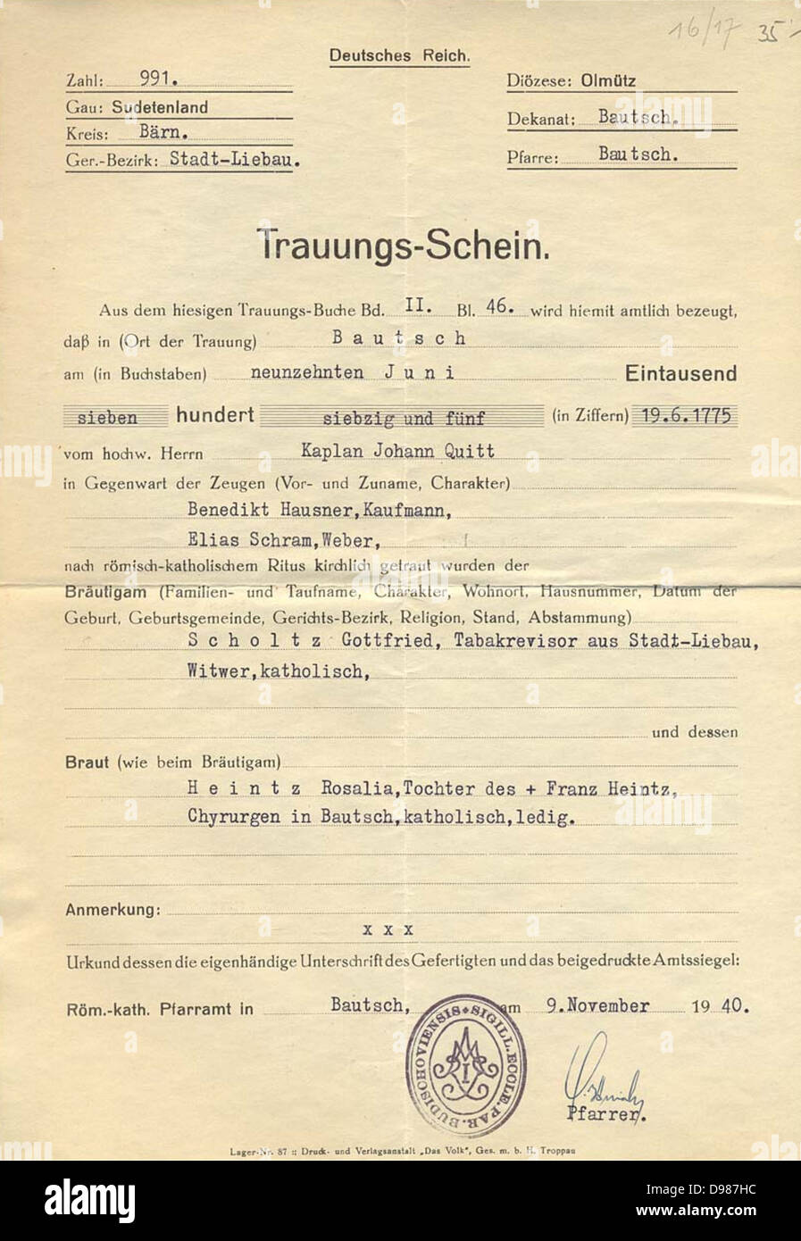 Allemagne : certificat de mariage pour un couple marié en 1775, document daté de 1940. Les documents comme Les CE ont été utilisés pour établir l'ascendance aryenne. Banque D'Images
