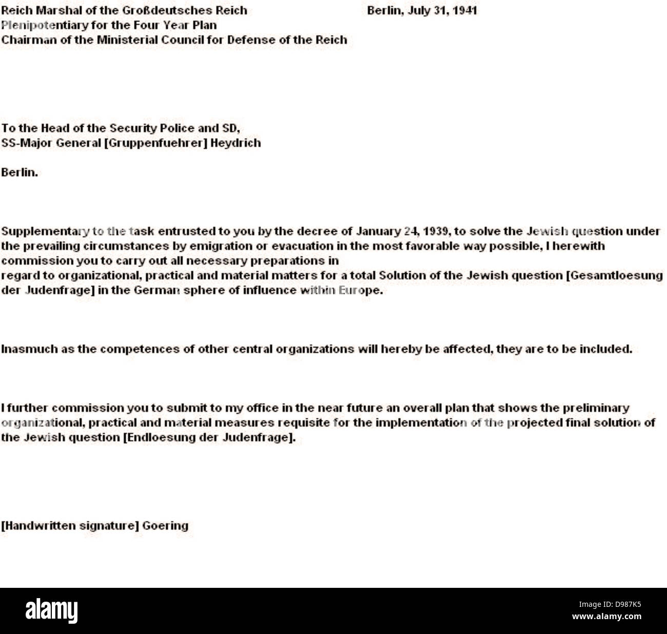 Traduction d'Herman Göring (Goering) lettre du 31 juillet 1941, à Reinhard Heydrich autorisant la solution finale à la question juive. Banque D'Images