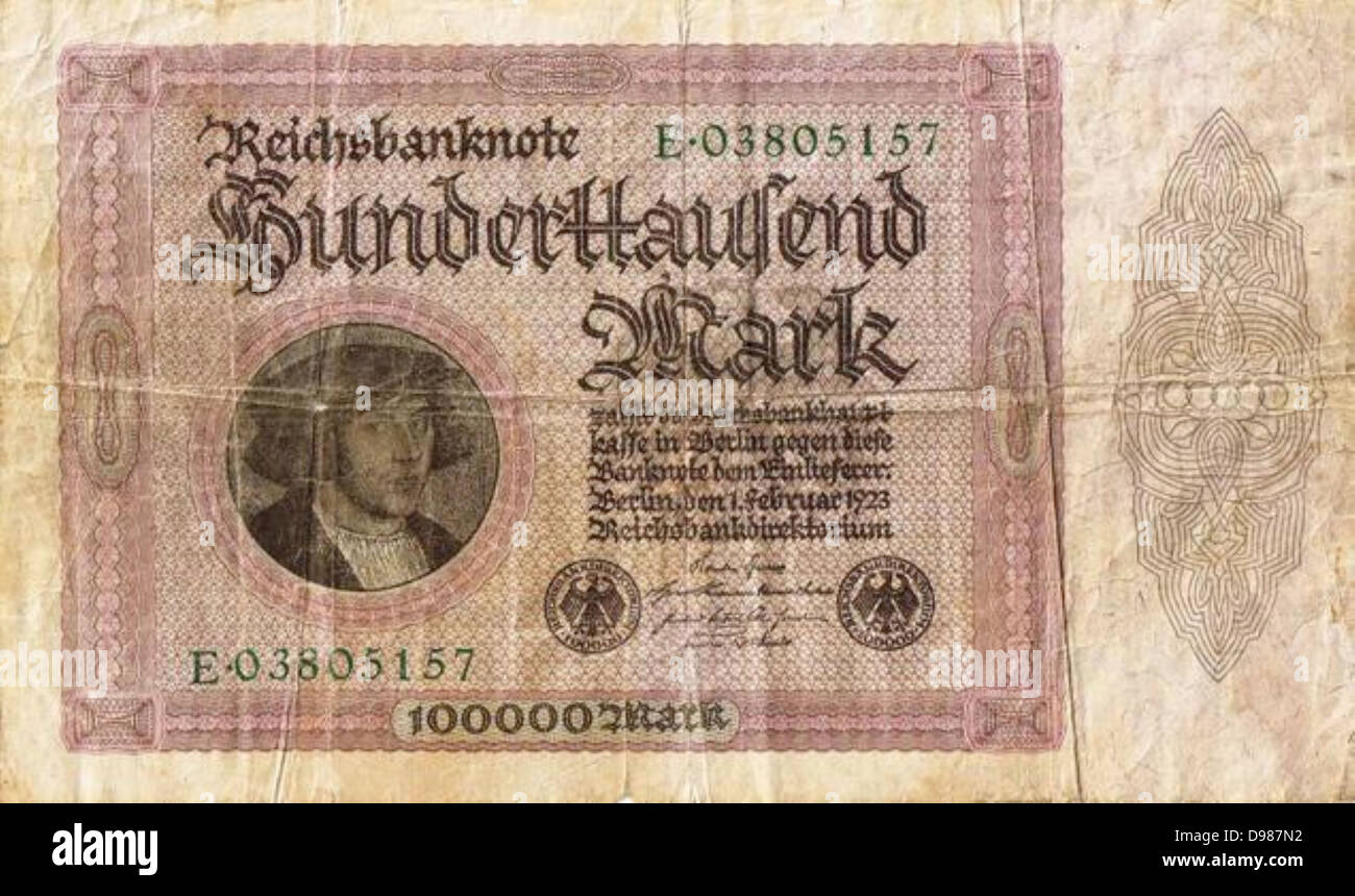 L'hyperinflation en Allemagne après la Première Guerre mondiale. Cent mille Reichsmark remarque, 1923. Banque D'Images