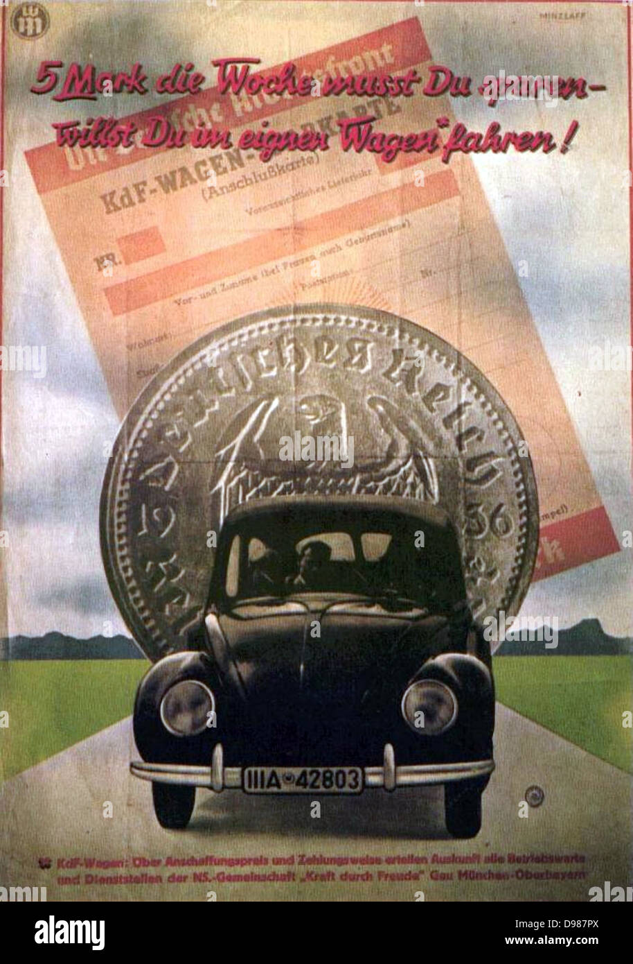 Fin des années 1930 affiche publicitaire de Volkswagen, la voiture du peuple. Le texte : 'Save 5 points par semaine et vous conduirez votre propre voiture". Banque D'Images