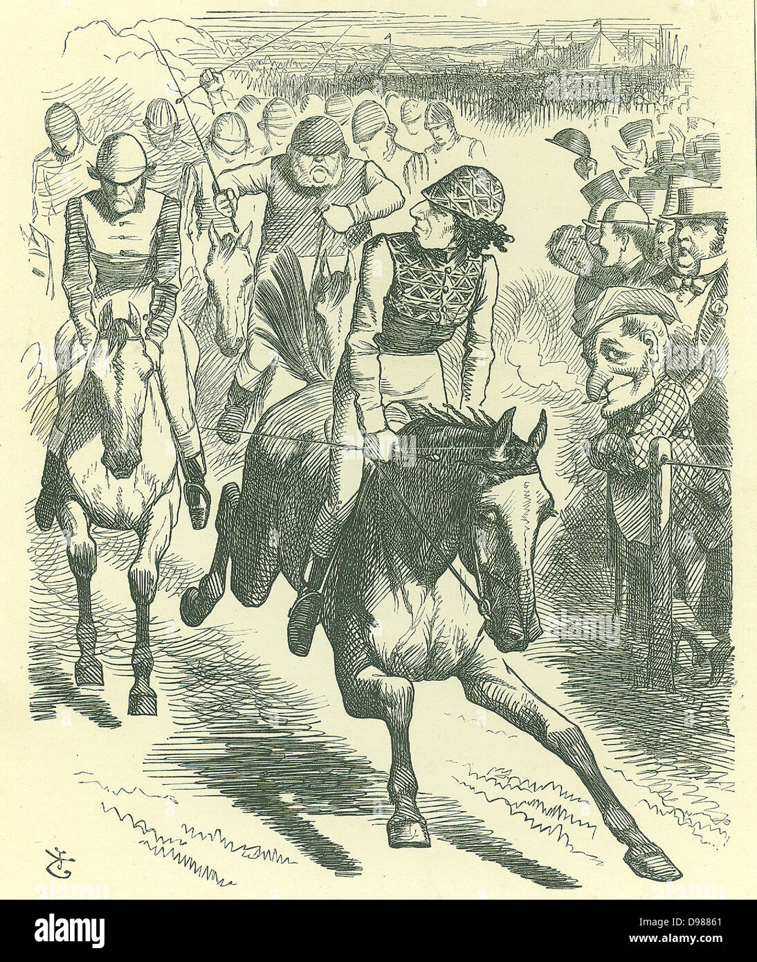 Le Derby de 1867. Dizzy gagne avec "Réforme de loi'' : Disraeli a introduit un nouveau projet de loi de réforme en 1867. John Tenniel caricature de 'Punch', Londres, 25 mai 1867 montrant Disraeli Gladstone à battre au poteau. Banque D'Images