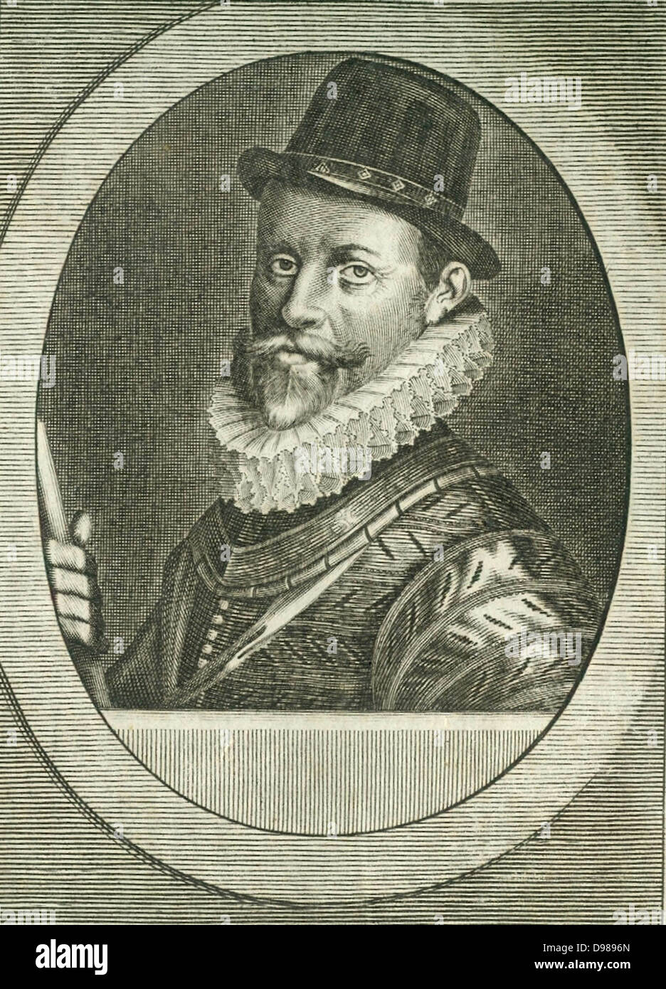 John Hawkins (1532-1595) commandant naval anglais et du navigateur. Premier anglais à la traite des esclaves (1562). Comme trésorier de la marine (1573) a réorganisé la flotte pour faire face à l'Armada espagnole. Gravure par Michiel van der Gucht (1660-1725) pour le Clarendon 'Historique'. Banque D'Images
