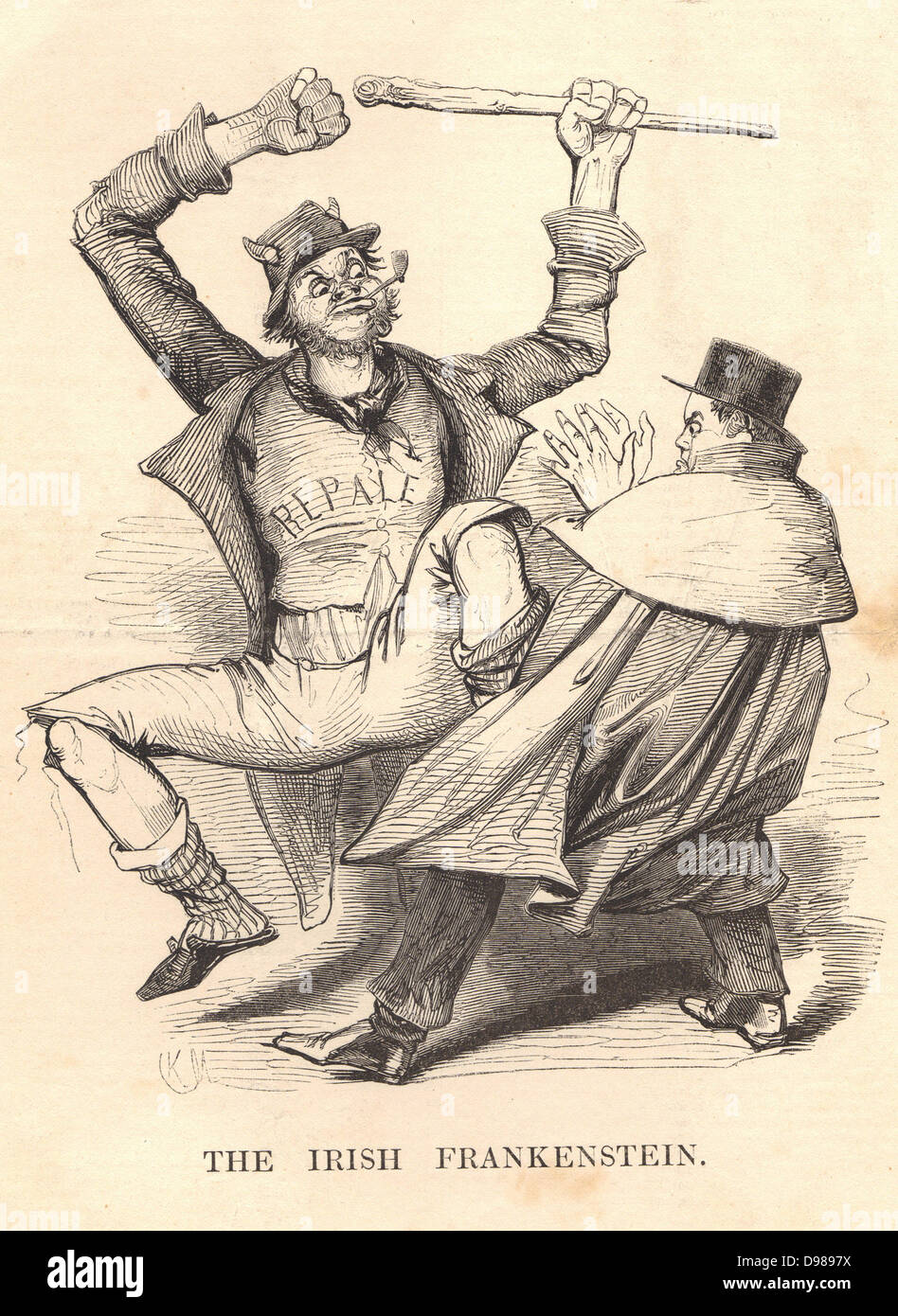 Daniel O'Connell (1755-1847) 'Le Libérateur', homme politique irlandais et patriote, illustré avec les irlandais de Frankenstein, le monstre de sa création (comme l'Angleterre l'a vu). O'Connell a entraîné l'abrogation de l'Union européenne (avec la Grande-Bretagne) mouvement. Caricature de Charles Keene de 'Punch', Londres, 1843. Banque D'Images