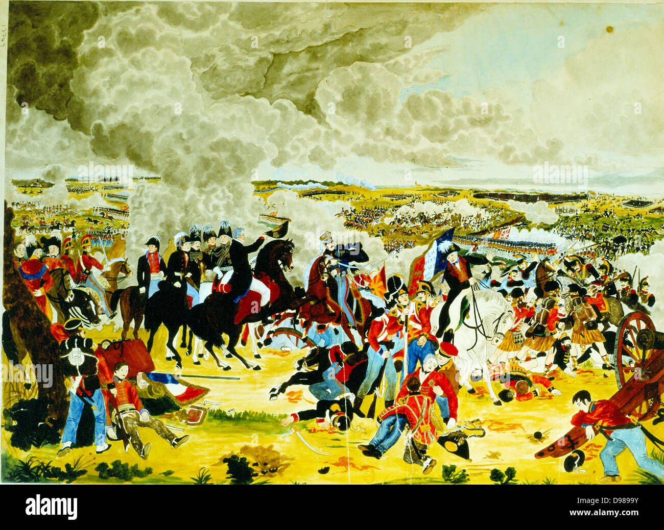 Bataille de Waterloo, le 18 juin 1815. Wellington avec son personnel cylindres inf rieurs son chapeau (à Blucher). Cette bataille a mis fin aux guerres napoléoniennes. Aquarelle par John Atkinson. Banque D'Images
