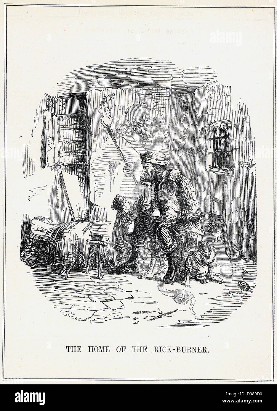 L'accueil de l'Rick-Burner' : Caricature de John Leech de 'Punch', Londres, février 1844, montrant les pauvres conditions de vie de l'ouvrier agricole. Les bas salaires et la crainte du chômage en raison de l'introduction des machines agricoles contraint les hommes à se tourner vers la machine de gravure et rick se briser. Banque D'Images