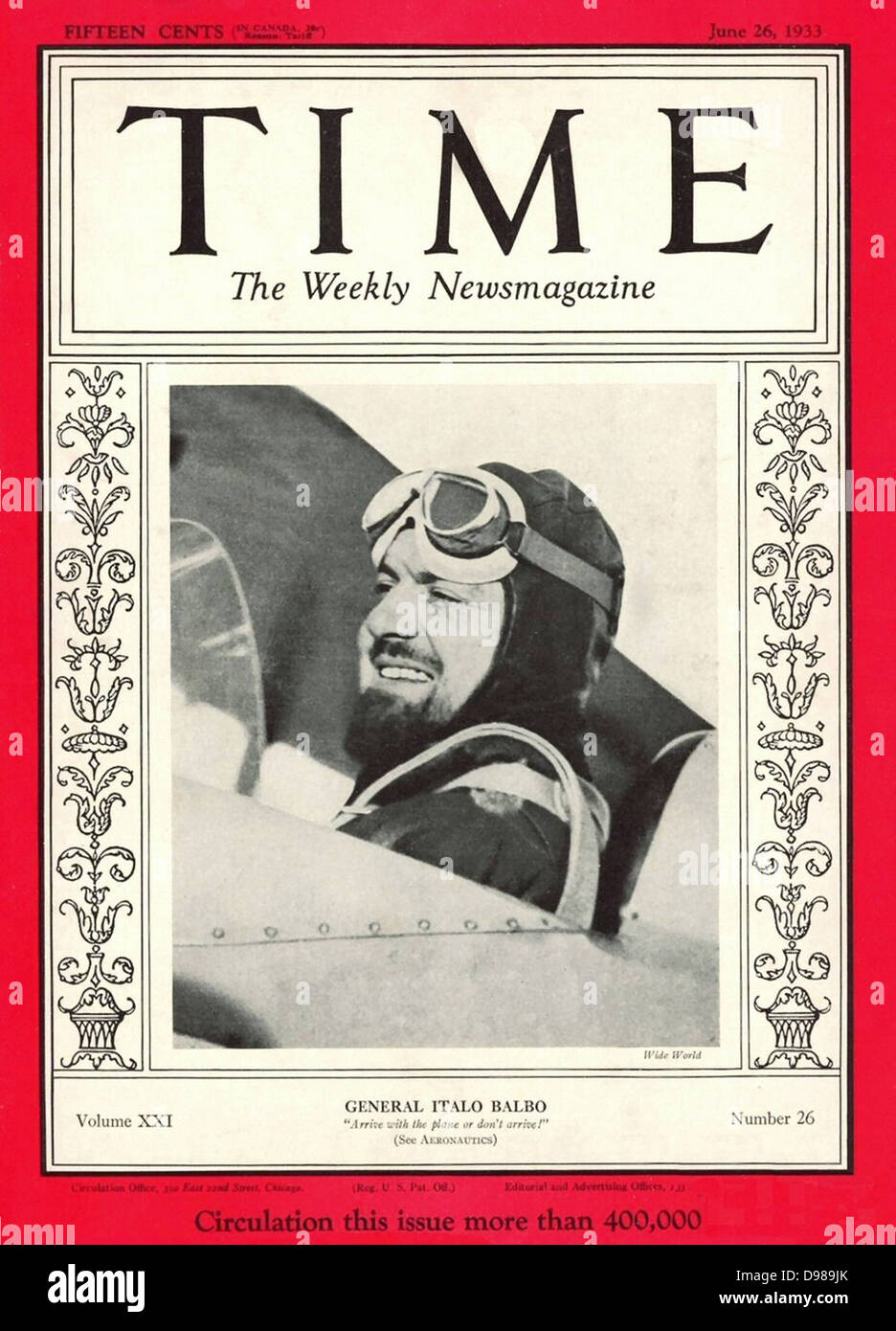 Capot avant de temps Magaine 26 juin 1933. Montre aviateur italien Italo Balbo et leader fasciste qui a fait une traversée transatlantique. Banque D'Images