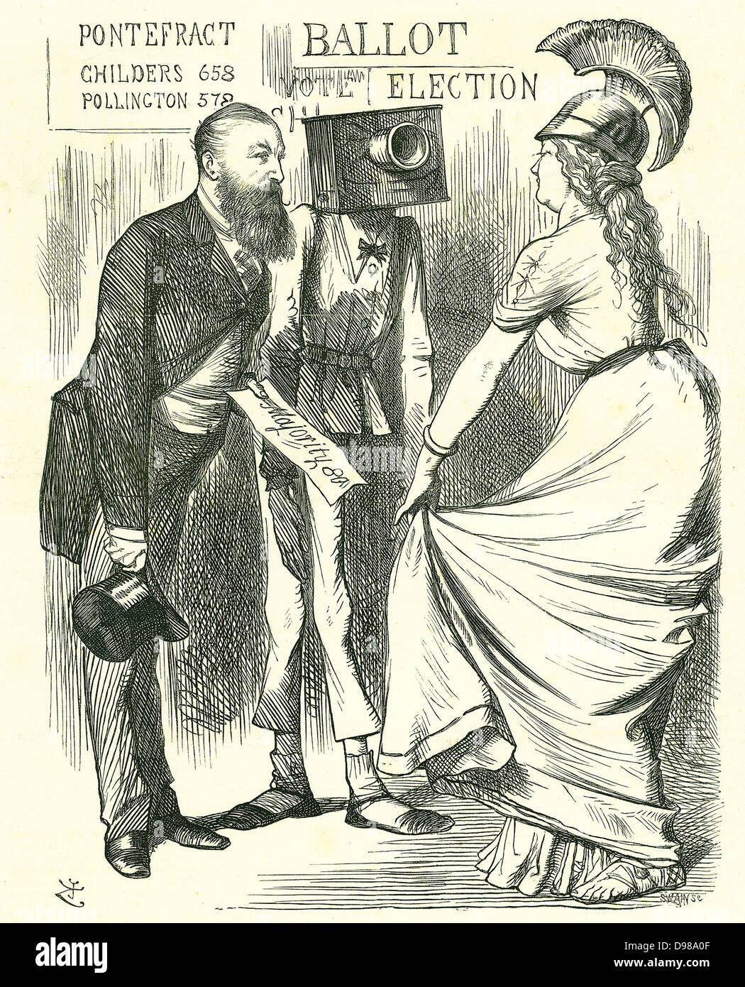 Hugh Childers (1827-1896), parlementaire britannique Britannia dit du succès de la nouvelle boîte de scrutin. John Tenniel caricature de 'Punch', Londres, 24 août 1872. Banque D'Images