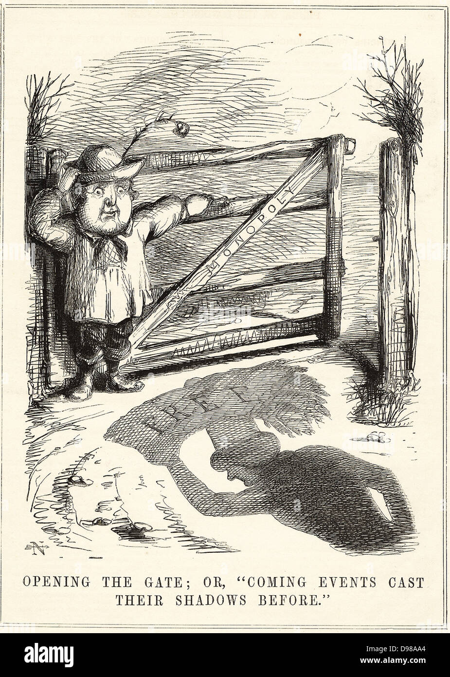 L'abolition des lois sur les céréales : Robert Peel (1788-1850), Parti conservateur, Premier Ministre protectionniste de l'ouverture de la porte au libre-échange et de l'Anti-Corn Law League. L'ombre est celui de Richard Cobden (1804-1865). Caricature de 'Punch', Londres, 1845. Banque D'Images