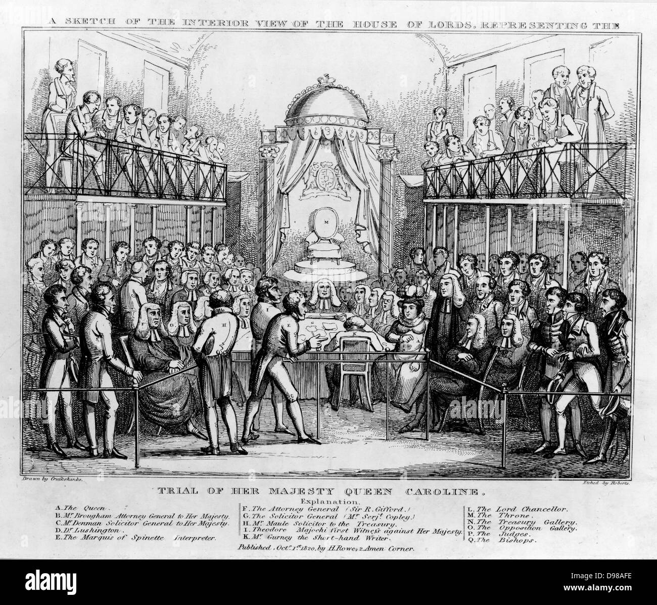 La Chambre des Lords pendant le procès de la Reine Caroline en 1820. La Reine est assis au centre, à droite. Caroline de Brunswick-Wolgenbuttel (1768-1811), épouse de George IV de Grande-Bretagne et d'Irlande. Banque D'Images