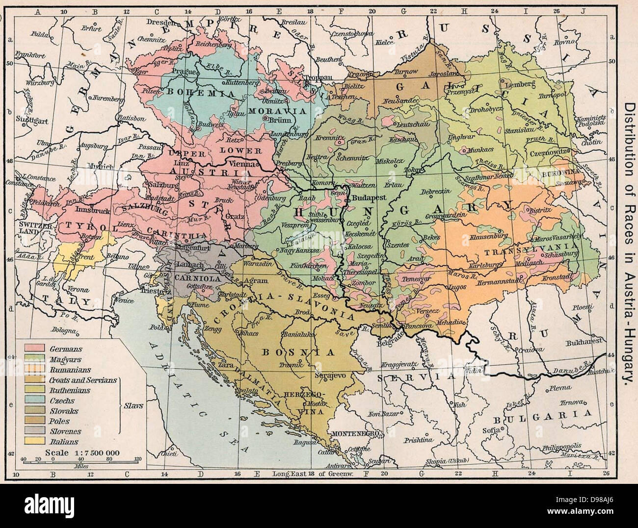 Autriche Hongrie 1911 'Distribution de courses dans l'Autriche-Hongrie" de l'Atlas historique de William R. Shepherd Banque D'Images