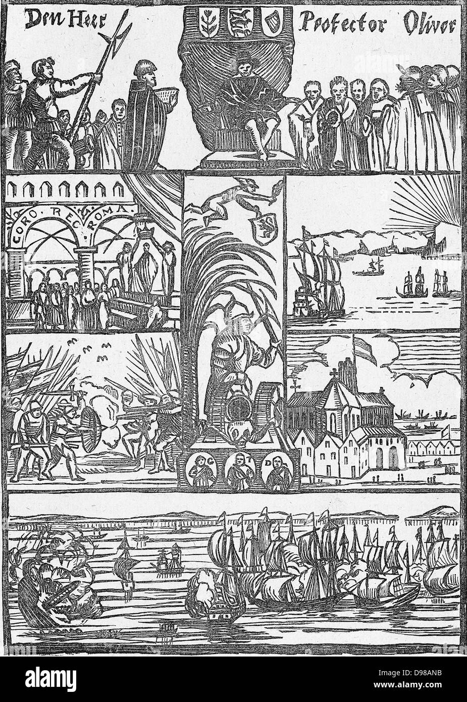 Page d'un journal néerlandais 'Hollandsche Mercurius' de 1653, montrant Oliver Cromwell (1599-1658) en tant que Lord Protecteur, un titre qu'il a pris le 16 décembre 1653. Cromwell est assis tenant une épée et au-dessus de lui sont les armoiries de la Communauté. Banque D'Images