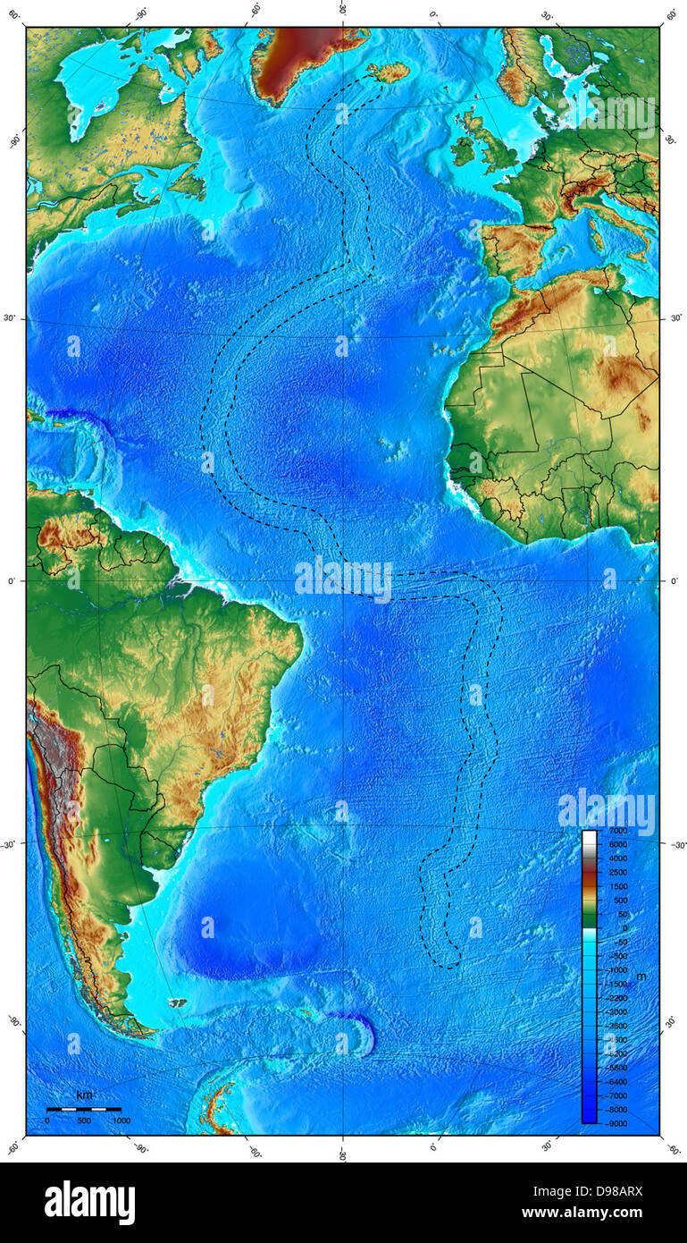 Carte montrant l'océan avec la dorsale médio-atlantique Banque D'Images
