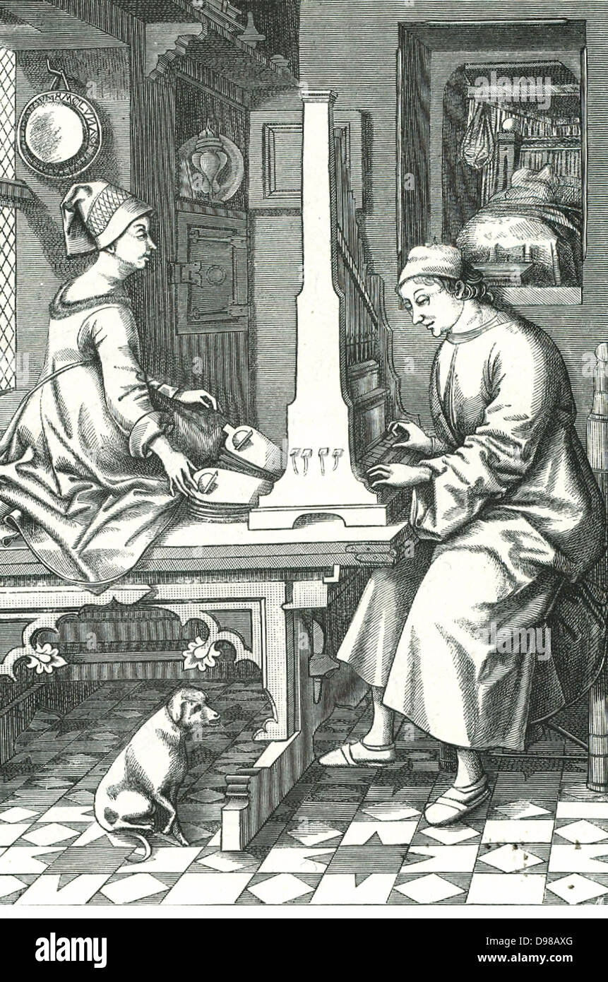 Homme jouant un orgue portatif tandis que sa femme gère le soufflet. Après une gravure par Israël van Mecken, Allemand, fin du xve siècle. Banque D'Images