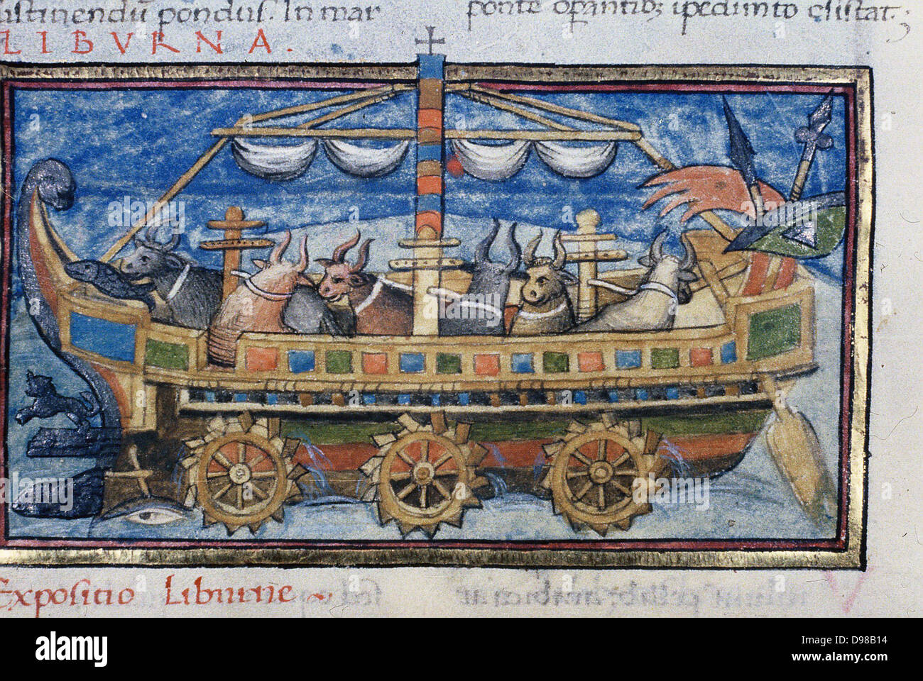Illustration d'un boeuf-alimenté son bateau à roue. Manuscrit du xve siècle sur la base d'une description en 4e siècle militaire romain anonyme traité sur les machines de guerre 'De Rebus Bellicis'. Banque D'Images