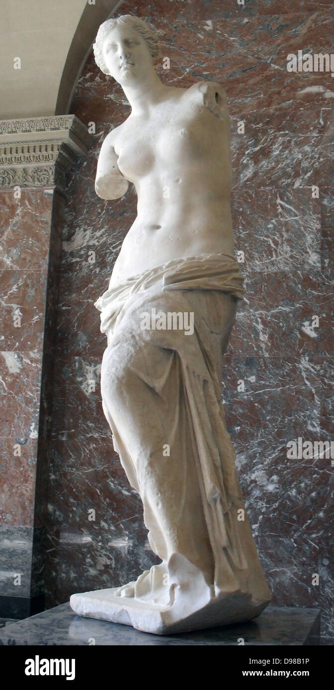 La Vénus de Milo, est une statue grecque antique et l'un des plus célèbres de la sculpture grecque antique. Créé à un moment donné entre 130 et 100 avant J.-C., qui dépeignent l'Aphrodite (Vénus), la déesse grecque de l'amour et de la beauté. sculpture en marbre, légèrement plus grand que nature. Musée du Louvre à Paris. Banque D'Images