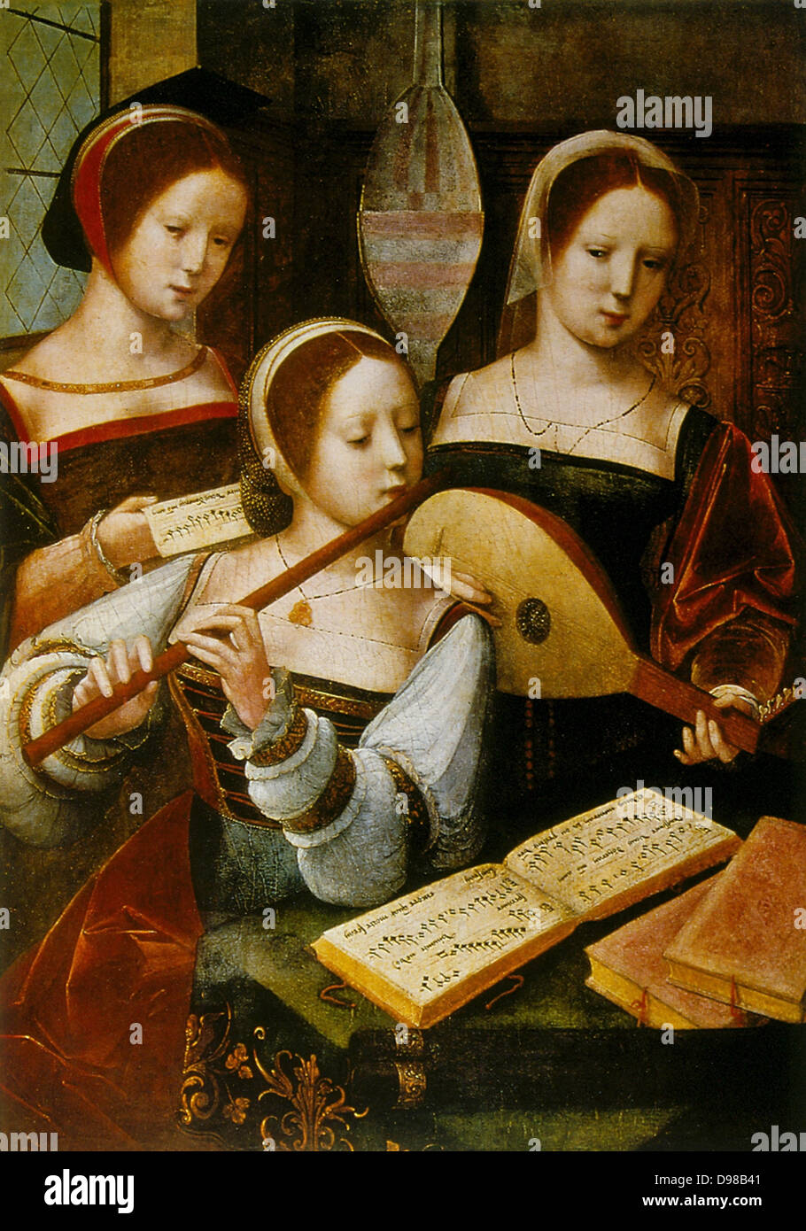Dame Musicians' : les deux en face jouent de la flûte et le luth( ?). 16e siècle anonyme. Huile sur bois. Banque D'Images