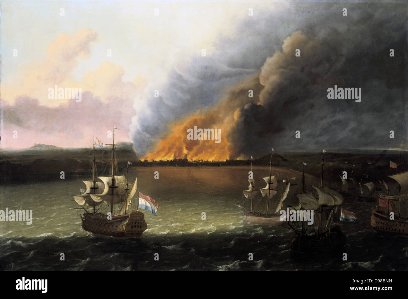 Navires hollandais brûler la flotte anglaise à Chatham docks, juin 1667. Cercle de Annaliese Rudoff Bajkhaysen (1631-1708), peintre néerlandais. Huile sur toile. Sous l'amiral de Ruyter une flottille de navires néerlandais a brisé les chaînes qui gardaient la rivière Medway et remonte le fleuve et détruit la flotte anglaise. L'Angl seconde0-Dutch War, 1665-1667. Banque D'Images