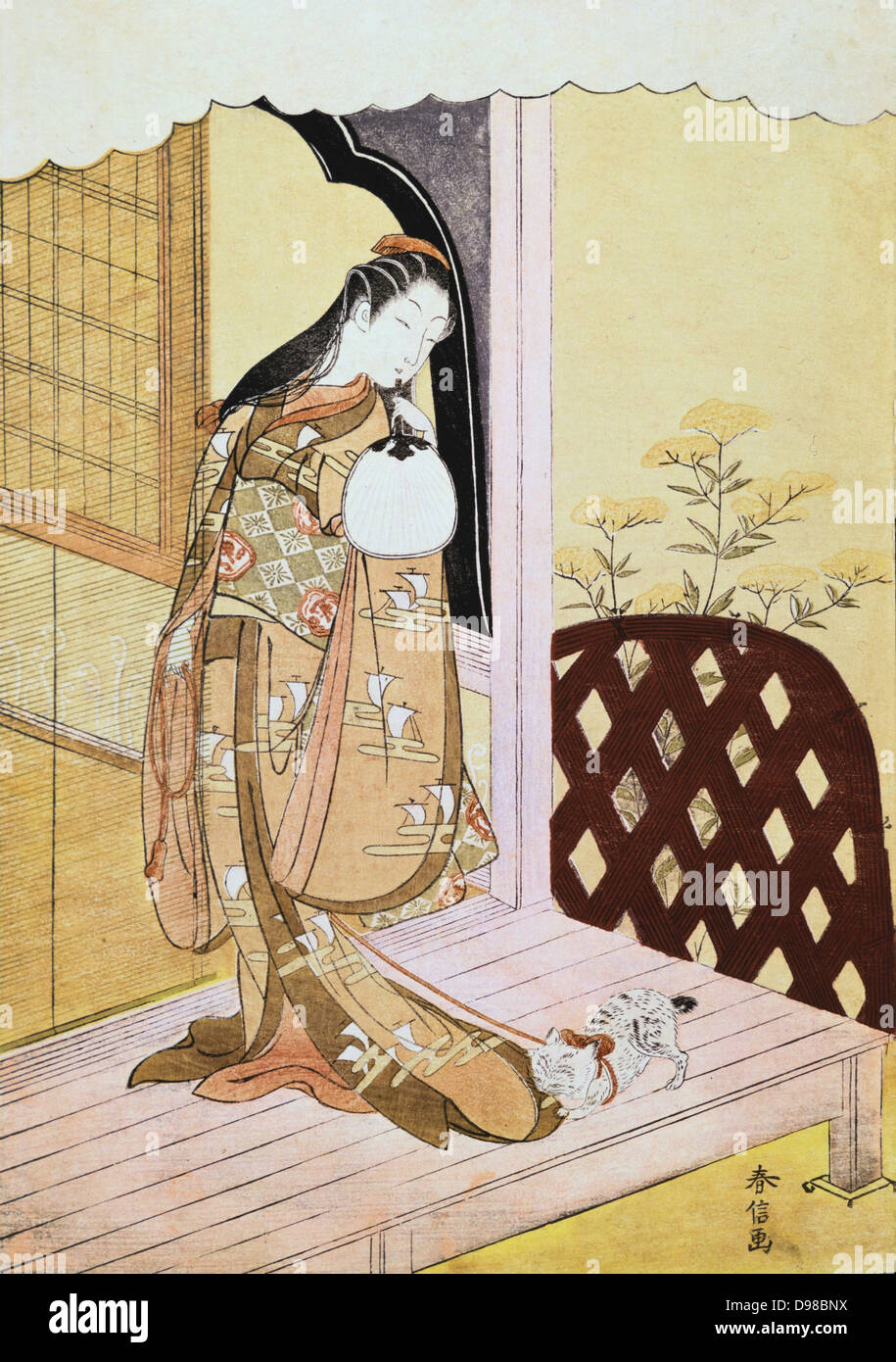 La princesse Nyosan', c1765. La princesse regarde le chat jouant avec l'ourlet de sa robe. Dans 'Le Livre de Genji", onzième siècle classique de la littérature japonaise, Nyosan est la deuxième épouse principale du Genji, fils de l'Empereur. Gravure sur bois de couleur japonais. Suzuki Harunobu (1725-1770), graveur et peintre japonais le premier à produire une impression en quadri. Banque D'Images