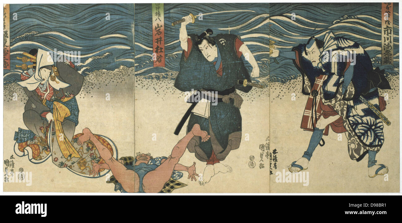 Scène d'un spectacle de théâtre Kabuki. Dans cette danse japonaise très stylisés-théâtre, à partir de 1629 tous les rôles doivent être joués par des hommes. Ceux qui s'est spécialisé dans les rôles féminins étaient connus comme onnagata. Utagawa Kunisada (1786-1864) artiste japonais et graveur. Gravure sur bois en couleur Banque D'Images
