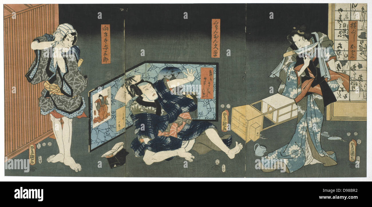 Scène d'un spectacle de théâtre Kabuki. Dans cette danse japonaise très stylisés-théâtre, à partir de 1629 tous les rôles doivent être joués par des hommes. Ceux qui s'est spécialisé dans les rôles féminins étaient connus comme onnagata. Utagawa Kunisada (1786-1864) artiste japonais et graveur. Gravure sur bois en couleur. Banque D'Images
