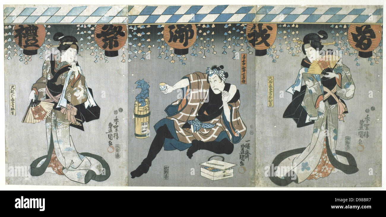 Scène d'un spectacle de théâtre Kabuki. Dans cette danse japonaise très stylisés-théâtre, à partir de 1629 tous les rôles doivent être joués par des hommes. Ceux qui s'est spécialisé dans les rôles féminins étaient connus comme onnagata. Utagawa Kunisada (1786-1864) artiste japonais et graveur. Gravure sur bois en couleur. Banque D'Images