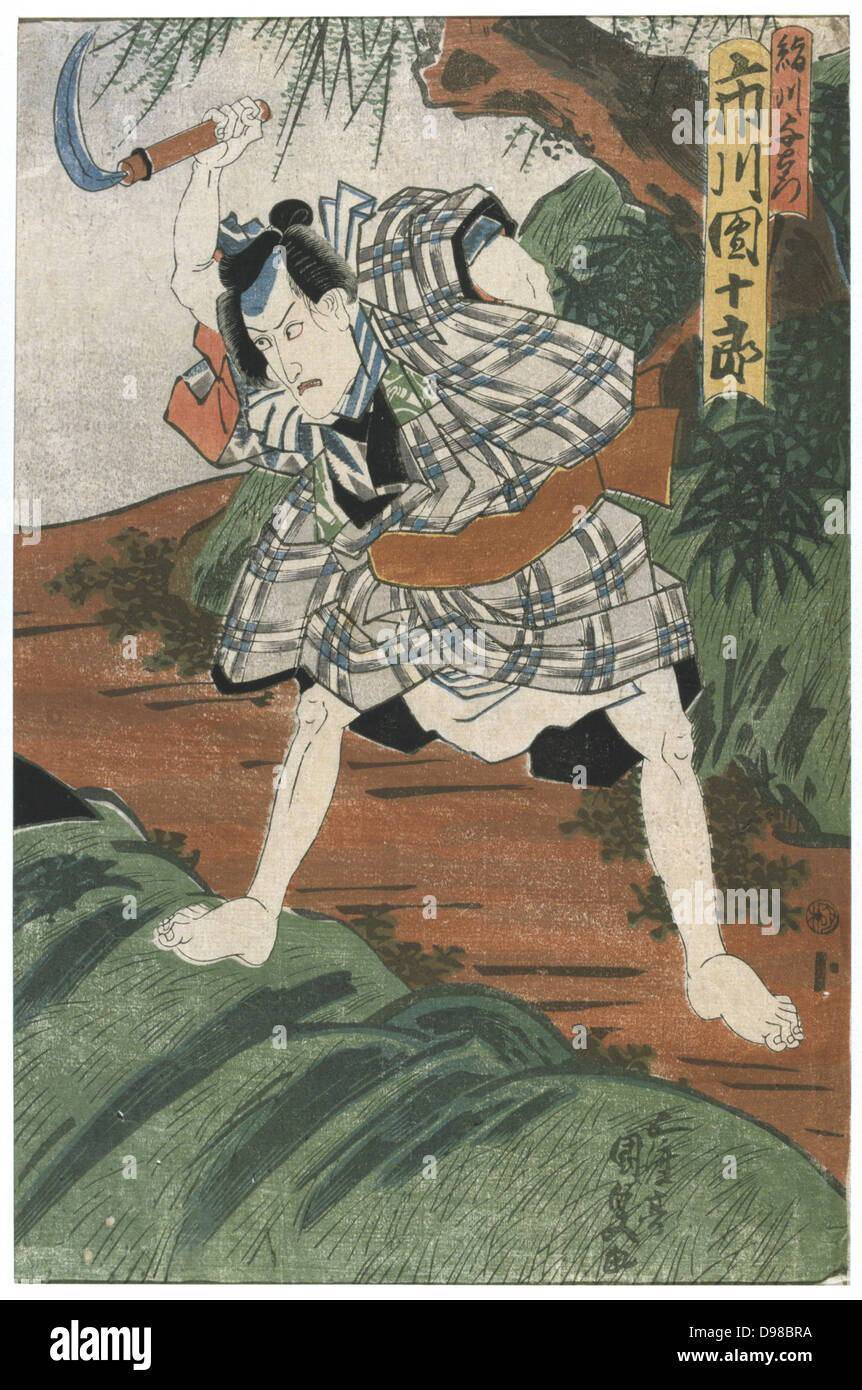 Scène d'un spectacle de théâtre Kabuki. Dans cette danse japonaise très stylisés-théâtre, à partir de 1629 tous les rôles doivent être joués par des hommes. Ceux qui s'est spécialisé dans les rôles féminins étaient connus comme onnagata. Utagawa Kunisada (1786-1864) artiste japonais et graveur. Gravure sur bois en couleur. Banque D'Images