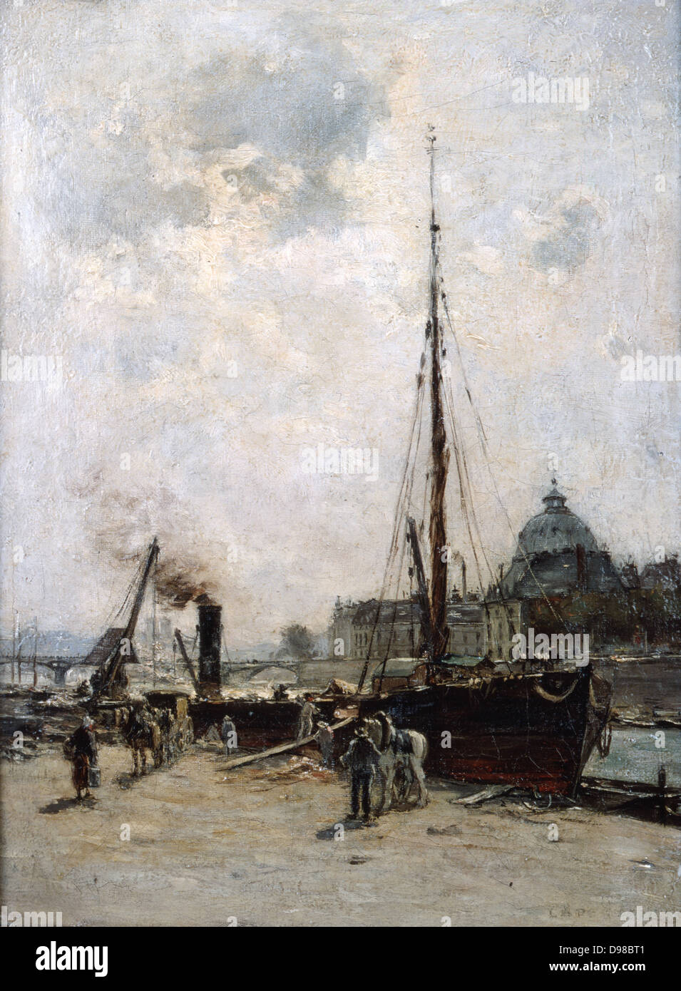 Avis de l'Institut' huile sur toile. Charles Lapostolet (1824-1890) artiste français. Vue sur la Seine, à Paris, à l'Institut français. En premier plan une barge à voile est à l'ancre. Banque D'Images