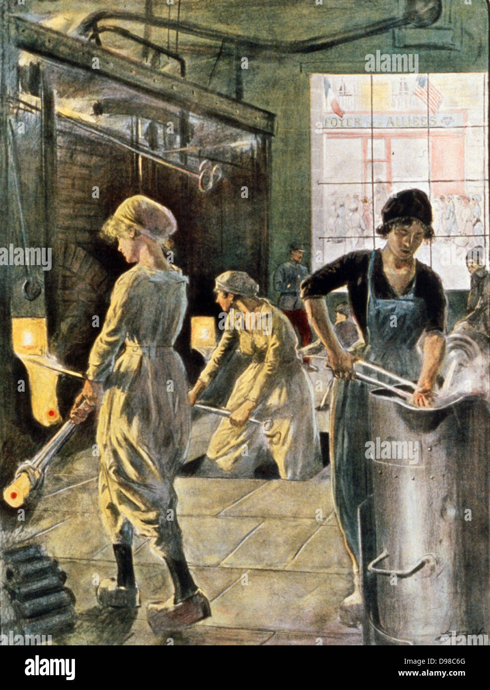 Quatre ans dans la lutte. Les femmes de France, nous leur devons de maisons d'applaudir. Organisation des travaux de guerre Campagne. Y.W.C.A. Artiste Jonas, Lucien, 1880-1947, publié en 1918. Résumé : Les femmes travaillant dans une usine. Banque D'Images