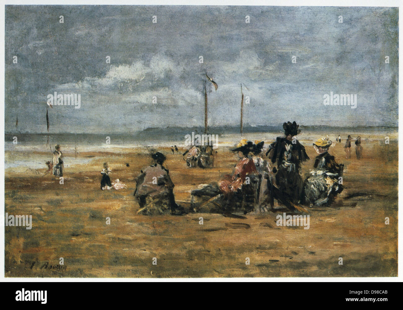 Sur la plage', c1863. Huile sur carton : Eugène Boudin (1824-1898) paysage français et peintre de marine. Les femmes assises sur des chaises sur le sable. Banque D'Images