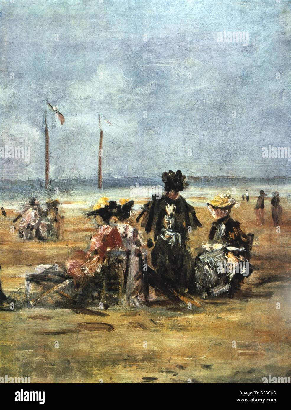 Sur la plage" (détail) c1863. Huile sur carton : Eugène Boudin (1824-1898) paysage français et peintre de marine. Les femmes assises sur des chaises sur le sable. Banque D'Images