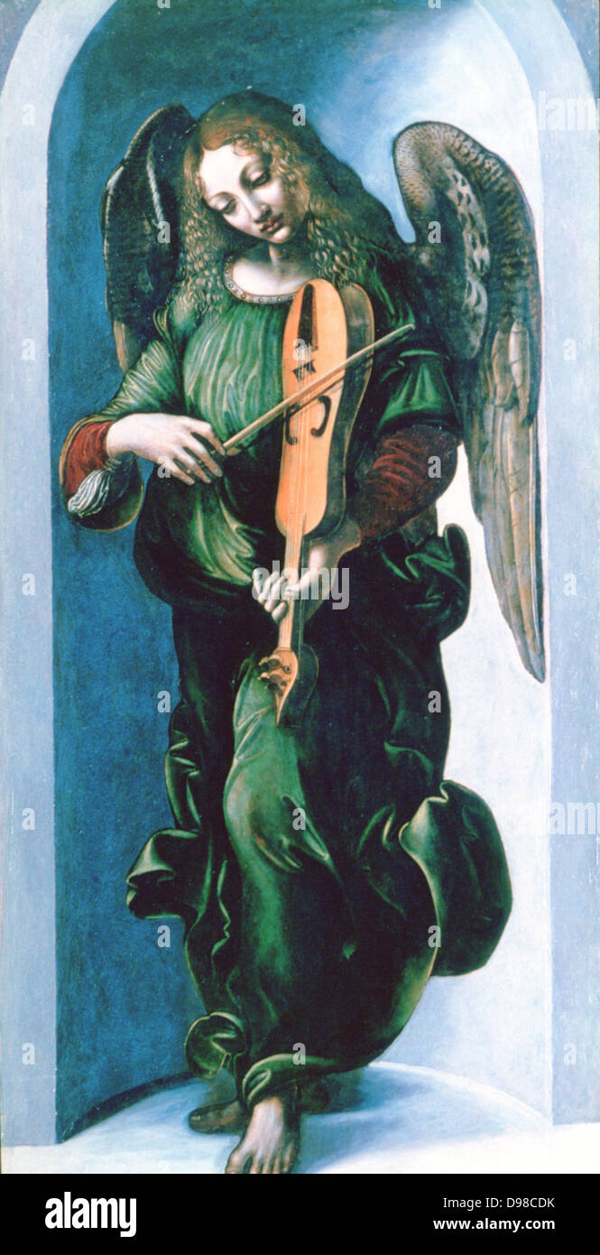 Angel en vert la lecture d'un luth. L'École de Léonard de Vinci, c1490. Huile sur bois. Banque D'Images