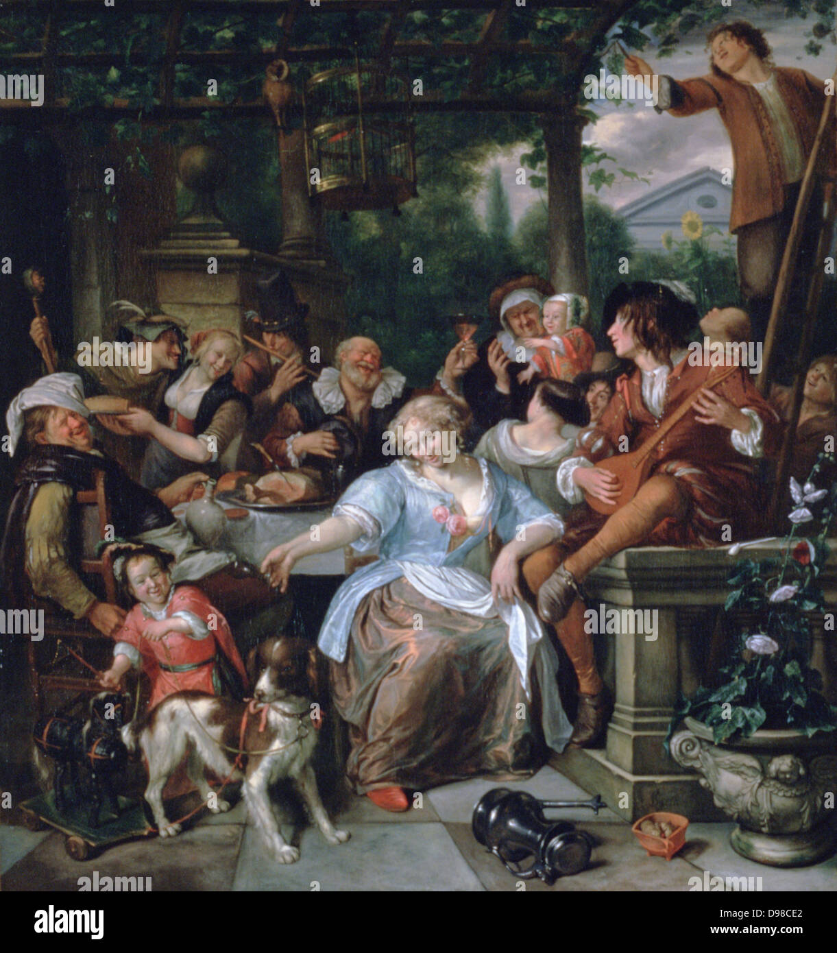 Merry Company sur une terrasse' Groupe : manger et boire à l'air libre sous une pergola d'où pend un oiseau en cage. Chien de compagnie à profit pour enfant jouet à roues. Les jeunes hommes jouent de la flûte et de la mandoline. Jan Steen (1626-1679) peintre hollandais. Banque D'Images