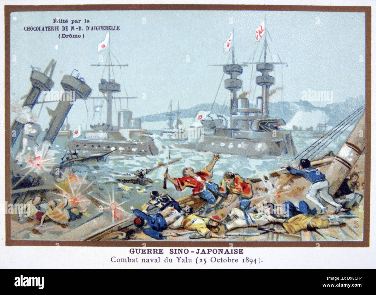 Première guerre sino-japonaise, 1894 : Bataille à l'embouchure du Yalou, la Rover 17 septembre 1894, entre les Japonais et Chinois marines. La flotte chinoise a été accablé par des Japonais. Chromolithographie c1900. Banque D'Images