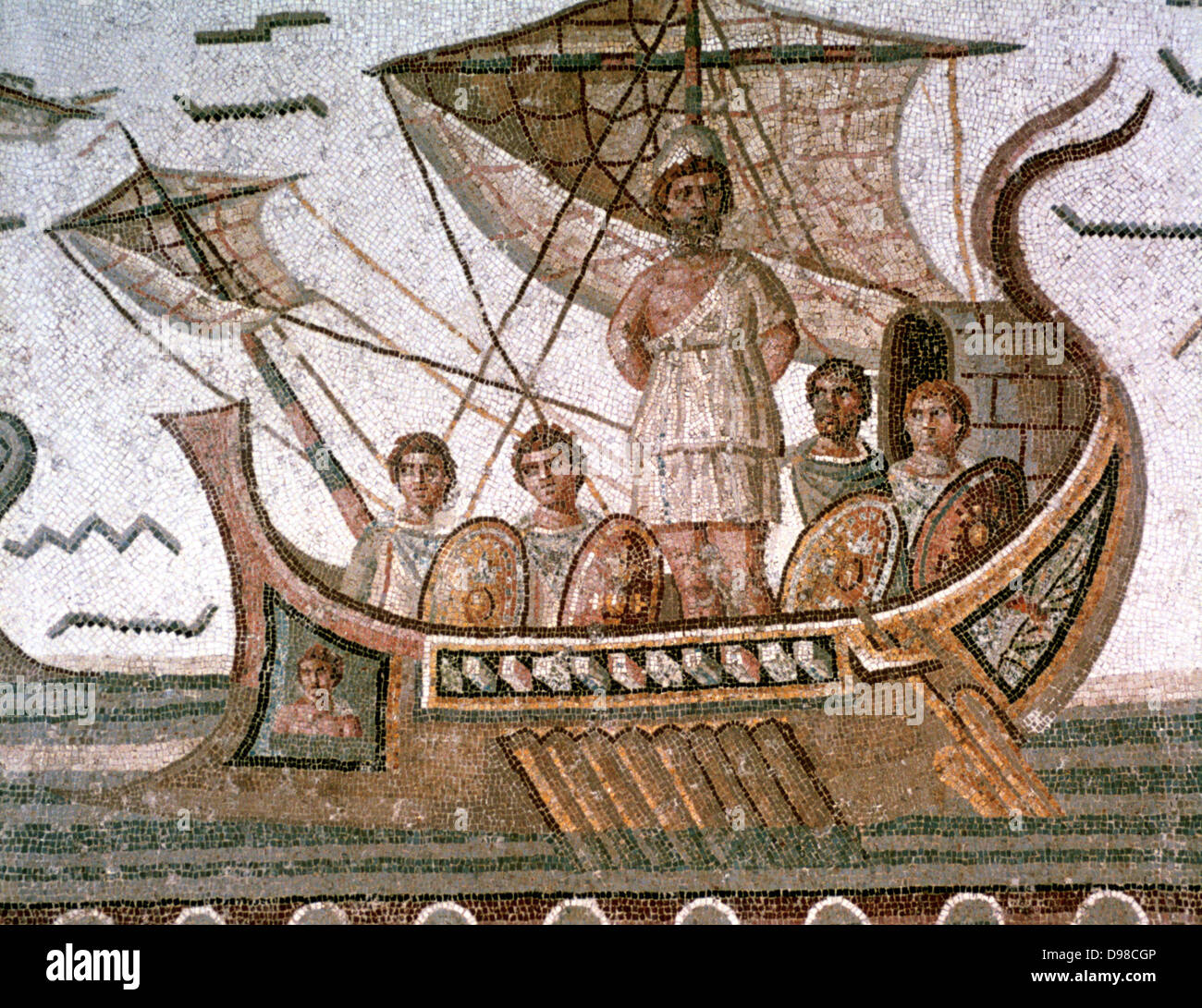 Ulysse (Odysseus) attaché au mât de son navire pour le sauver de la sirène. "Odyssée" d'Homère, poème Grec épique. Mosaïque romaine, 3e siècle, Tunis. Banque D'Images