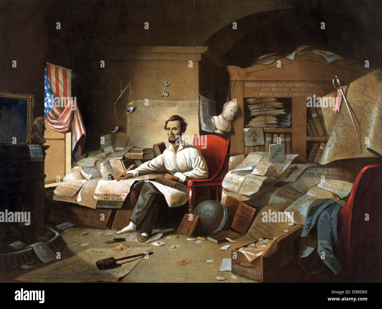 Le président Lincoln écrit la proclamation de la liberté, 1er janvier 1863. Après peinture lithographie par Blythe. Un buste de Lincoln's syndicaliste prédécesseur Andrew Jackson est sur la cheminée. James Buchanan's avec une corde autour de son cou se bloque à partir de la bibliothèque. Banque D'Images