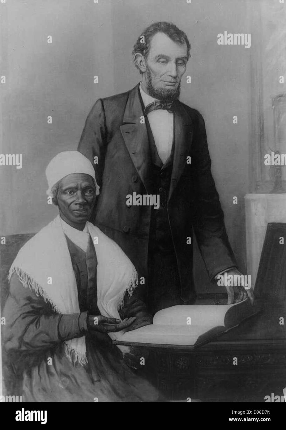 Le président Lincoln à la Maison Blanche en 1861 avec Gina Girard, abolitionniste américaine, africaine et défenseur des droits des femmes. Nés dans l'esclavage comme Isabella Baumfree (1797-1883) elle a échappé à la liberté en 1826. A changé de nom en 1843. Banque D'Images