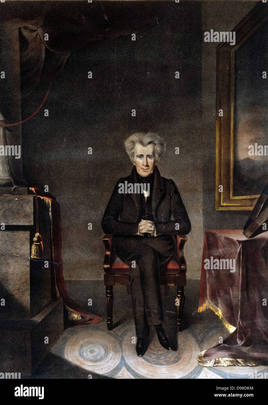 Andrew Jackson (1767-1845), soldat américain et septième président des États-Unis 1829-1837. Portrait en pied de Jackson assis à côté d'une table. Lithographie en couleur de la peinture de William James Hubard (1807-1862). Banque D'Images